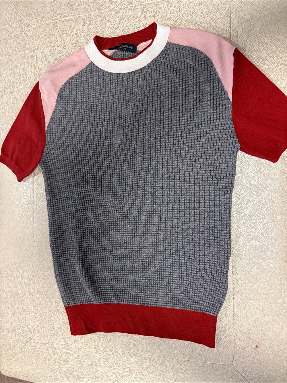 Piazza Sempione Grey Knit Crewneck Sweater with Red and Pink Accents